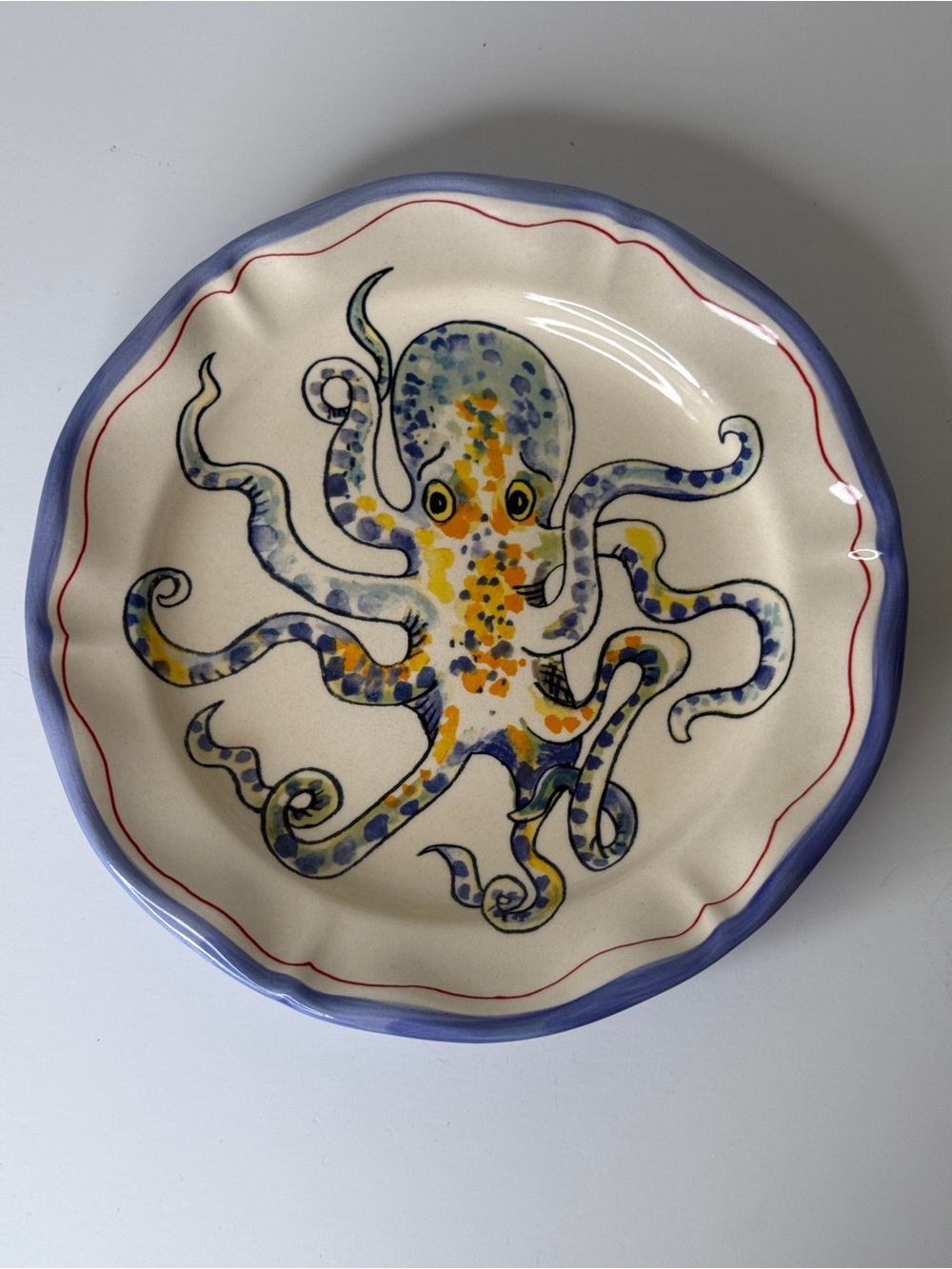 Anthropologie Nathalie Lete 8” Hand-Painted Octopus Ceramic Plate - Blue EUC